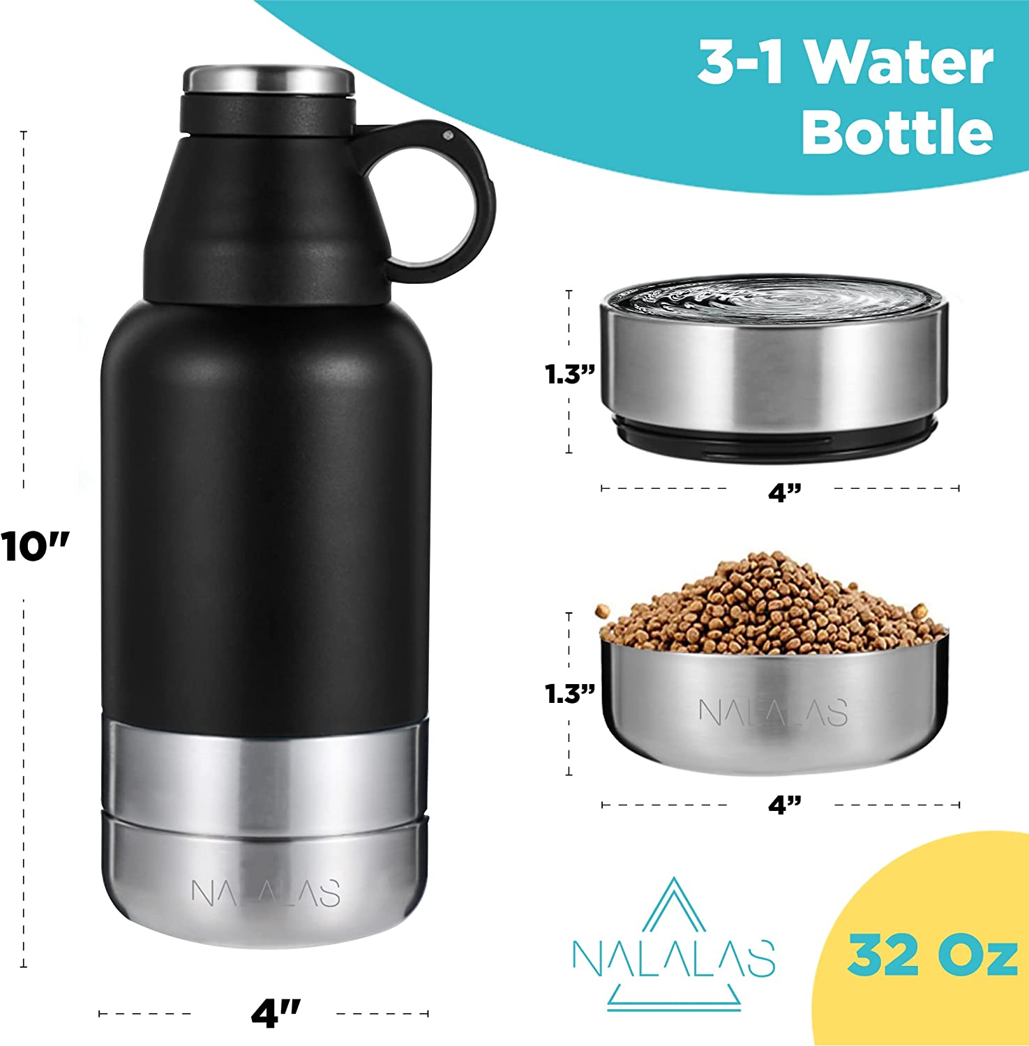 NALALAS 3 in 1 Portable Dog Water Bottle - Large 32oz Insulated